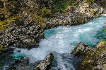 Nature autumn landscape. Waterfall at Soteska Vintgar Slovenia. The Vintgar Gorge or Bled Gorge.
