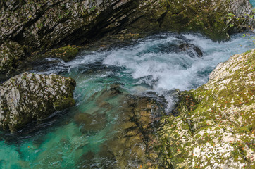 Nature autumn landscape. Waterfall at Soteska Vintgar Slovenia. The Vintgar Gorge or Bled Gorge.