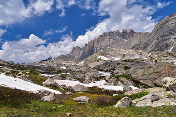 Upper and Lower Jean Lake in the Titcomb Basin along the Wind River Range, Rocky Mountains, Wyoming, views from backpacking hiking trail to Titcomb Basin from Elkhart Park Trailhead going past Hobbs, 