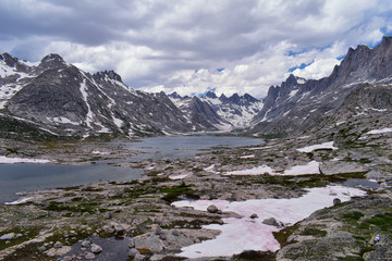 Upper and Lower Jean Lake in the Titcomb Basin along the Wind River Range, Rocky Mountains, Wyoming, views from backpacking hiking trail to Titcomb Basin from Elkhart Park Trailhead going past Hobbs, 