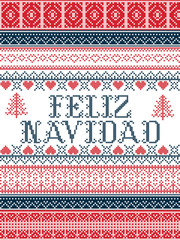 Feliz Navidad Nordic style vector seamless Christmas  patterns  inspired by Scandinavian Christmas, festive winter in cross stitch with heart, snowflake, star,  snow, Christmas tree,   ornaments 
