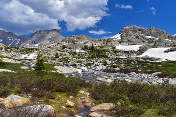 Upper and Lower Jean Lake in the Titcomb Basin along the Wind River Range, Rocky Mountains, Wyoming, views from backpacking hiking trail to Titcomb Basin from Elkhart Park Trailhead going past Hobbs, 