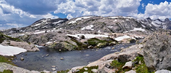 Upper and Lower Jean Lake in the Titcomb Basin along the Wind River Range, Rocky Mountains,...