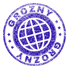 GROZNY stamp imprint with distress texture. Blue vector rubber seal imprint of GROZNY caption with dirty texture. Seal has words placed by circle and globe symbol.