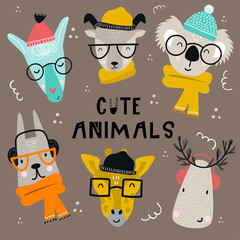 Collection of cute kids cartoon animals with clothes, accessories and lettering in scandinavian style.