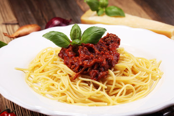 Plate of delicious spaghetti Bolognaise or Bolognese with savory minced beef