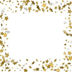 3d gold frame or border of random scatter golden stars on white background. Design element for festive banner, birthday and greeting card, postcard, wedding invitation. Vector illustration