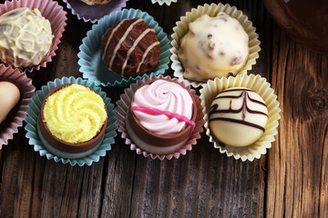 a lot of variety chocolate pralines, belgian confectionery gourmet chocolate.
