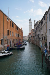 Fototapeta na wymiar Venice,Italy-July 25, 2018: San Giorgio dei Greci or leaning tower of Venice