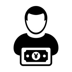 Yen symbol icon vector male user person profile avatar with currency money sign for banking and finance business in flat color glyph pictogram illustration