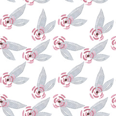 Pale pink roses/flowers with gray leaves. seamless pattern. Romantic garden flowers illustration. Faded colors.