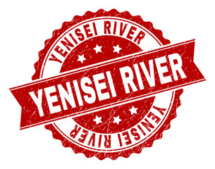YENISEI RIVER seal print with corroded texture. Rubber seal imitation has circle medal form and contains ribbon. Red vector rubber print of YENISEI RIVER text with corroded texture.