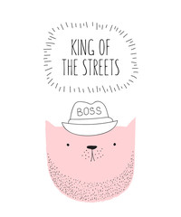 Vector postcard with line drawing hipster cat and cool slogan