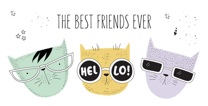 Vector poster with line drawing hipster cats with cool slogan