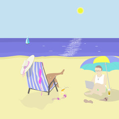 Programmer on the beach with laptop and  his wife taking sunbath. Vector illustration.