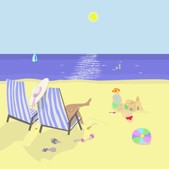 Family vacation at the beach. Vector illustration