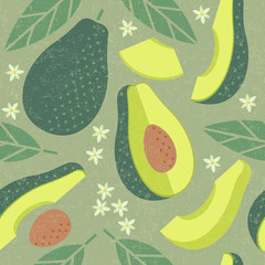 Avocado seamless pattern. Whole and sliced avocado with leaves and flowers on shabby background. Original simple flat illustration. Shabby style.