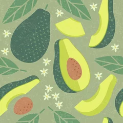 Keuken foto achterwand Avocado Avocado naadloos patroon. Hele en gesneden avocado met bladeren en bloemen op armoedige achtergrond. Originele eenvoudige vlakke afbeelding. Sjofele stijl.