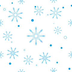 Fototapeta na wymiar Snowflake simple seamless pattern. Blue snow on white background. Abstract wallpaper, wrapping decoration. Symbol of winter, Merry Christmas holiday, Happy New Year celebration Vector illustration