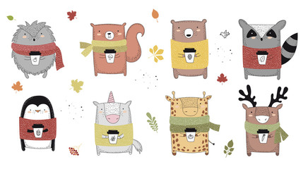 Vector collection of line drawing autumn animals in sweater and scarf. Set of doodle illustrations