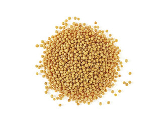 Pile of yellow mustard seeds isolated on white background. Top view.