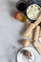 Ingredients for making traditional Italian dessert Tiramisu: mascarpone cheese, savoiardi, cocoa, coffee, brandy and eggs on light grey background. Copy space