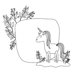 frame decorative with unicorn and flowers vector illustration design