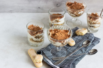 Traditional Italian dessert tiramisu in glass on light grey background. Coffee flavored Italian dessert made of ladyfingers and mascarpone. 