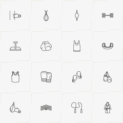 Boxing line icon set with jumping rope, boxer gown and barbell