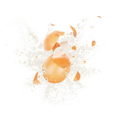 Broken chicken egg with a splash of flour, hanging in the air on a white background