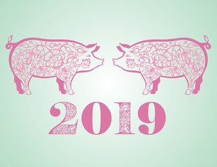 Cute funny pig. Happy New Year. Chinese symbol of the 2019 year.