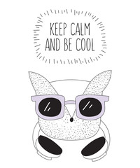 Vector postcard with line drawing hipster fox with cool slogan