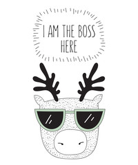 Vector postcard with line drawing hipster deer with cool slogan