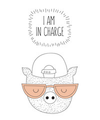 Vector postcard with line drawing hipster pig with cool slogan