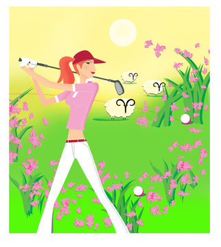 Zodiac sports lady. Aries. Girl playing golf in pasture with sheep.