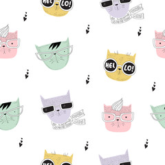 Vector seamless pattern with line drawing hipster cats. Doodle illustration. Friendship day, Valentine's, anniversary, birthday, children's or teenager party, notebook decoration