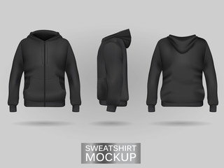 Black sweatshirt hoodie template in three dimensions: front, side and back view, realistic gradient mesh vector. Clothes for sport and urban style