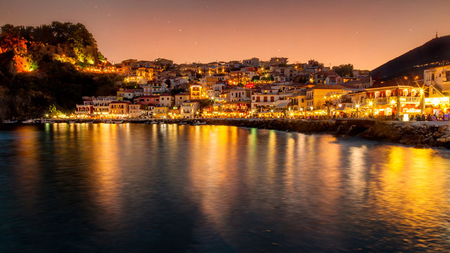 Parga town night panoramic view. Popular tourist destination of Greece.