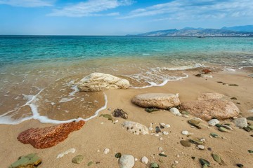 Beautiful beach on coast of Ionian Sea in Albania, Ksamil, Saranda region.