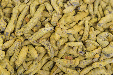 Turmeric rhizome, roots. Market in Israel. Closeup