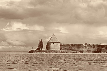 Old historical fortress "Oreshek" on the island. Russian ancient architecture of military fortifications. 