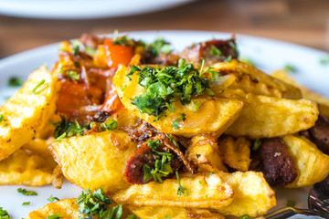 fried potatoes and meat, Ojakhuri - traditional georgian food