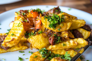 fried potatoes and meat, Ojakhuri - traditional georgian food