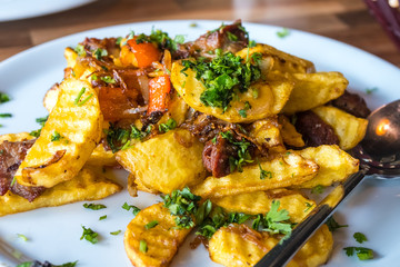 fried potatoes and meat, Ojakhuri - traditional georgian food