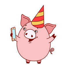 pig in the cap takes a selfie on his smartphone. The symbol of the New year in the Chinese calendar. 2019. Vector. Illustrations for postcards, stickers, posters.