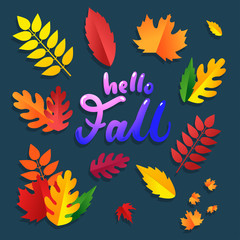 Colorful autumn leaves set with brignt lettering inscription 