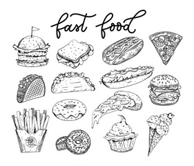 Big set of sketched fastfood elements. Burgers, tacos, pizza slices, donuts, french fries, cupcake, hot-dogs, ice-cream. Hand drawn food isolated on white background.