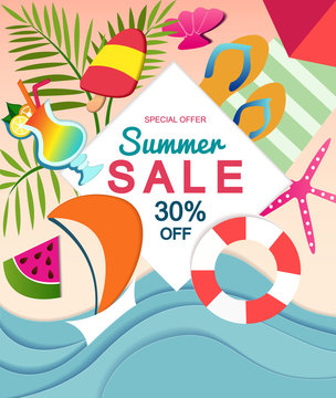 Summer sale design teplate with paper effect and summer elements. Vector illustration.