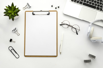Clipboard mockup. Home office workspace mock up. Template for blog, bloger, business. Flat lay clean minimal white background