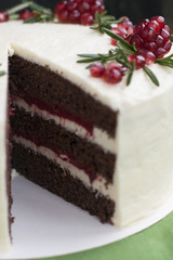 Chocolate cake with berry cream, white cheese cream, pomegranate berries and rosemary branches. Idea for a birthday cake or for a wedding cake..